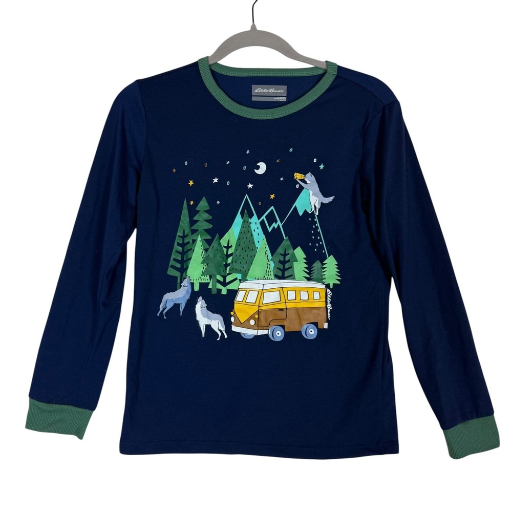 Eddie Bauer Shirt Kids 10-12 Blue Wolves Camper Forest Graphic Long Sleeve Tee